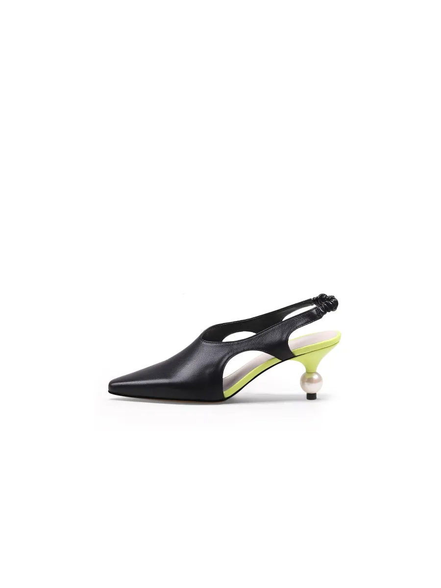Pearl Heel Cut-Out Leather Black Slingback