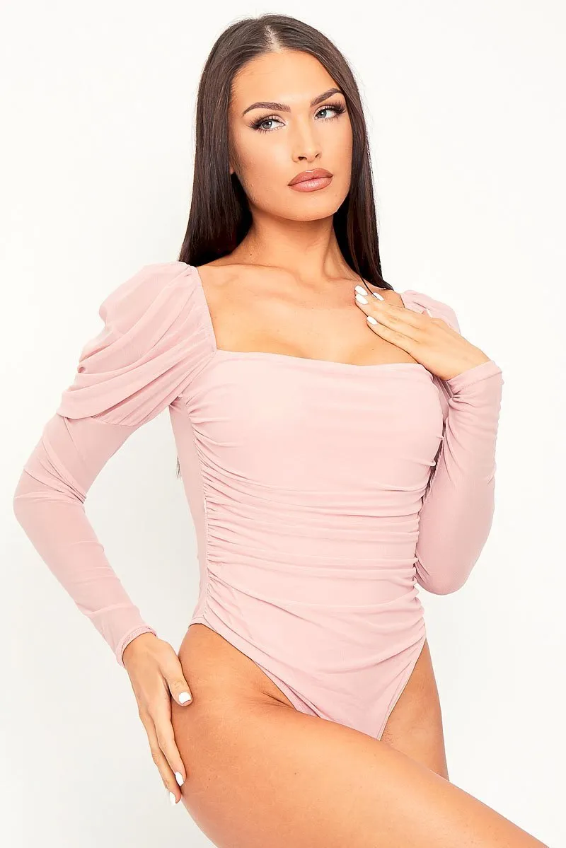 Pink Ruched Body Mesh Sleeve Bodysuit - Raeya