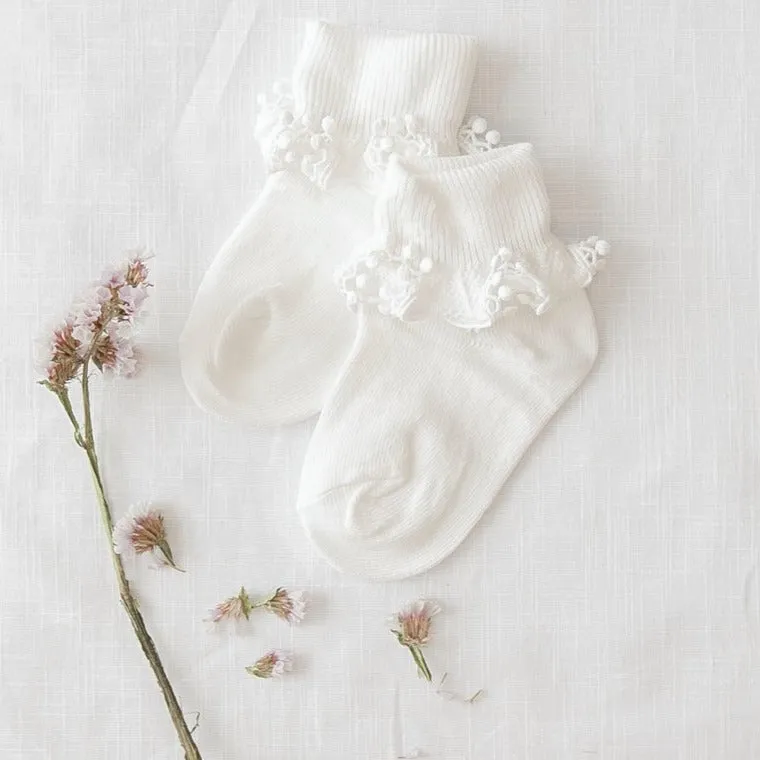 Pom Pom Ruffle Ankle Socks - White