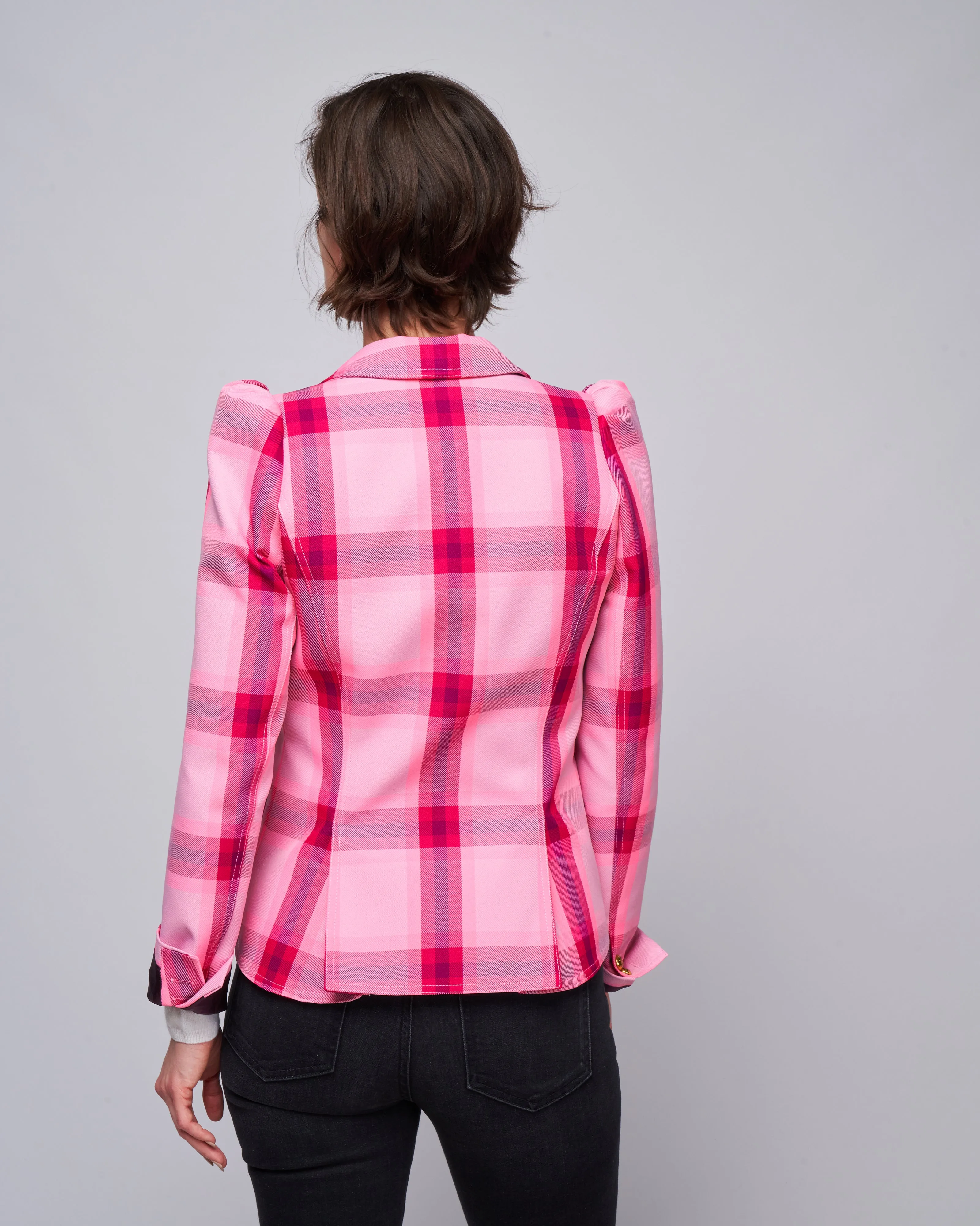 pouf sleeve one button blazer - flamingo plaid