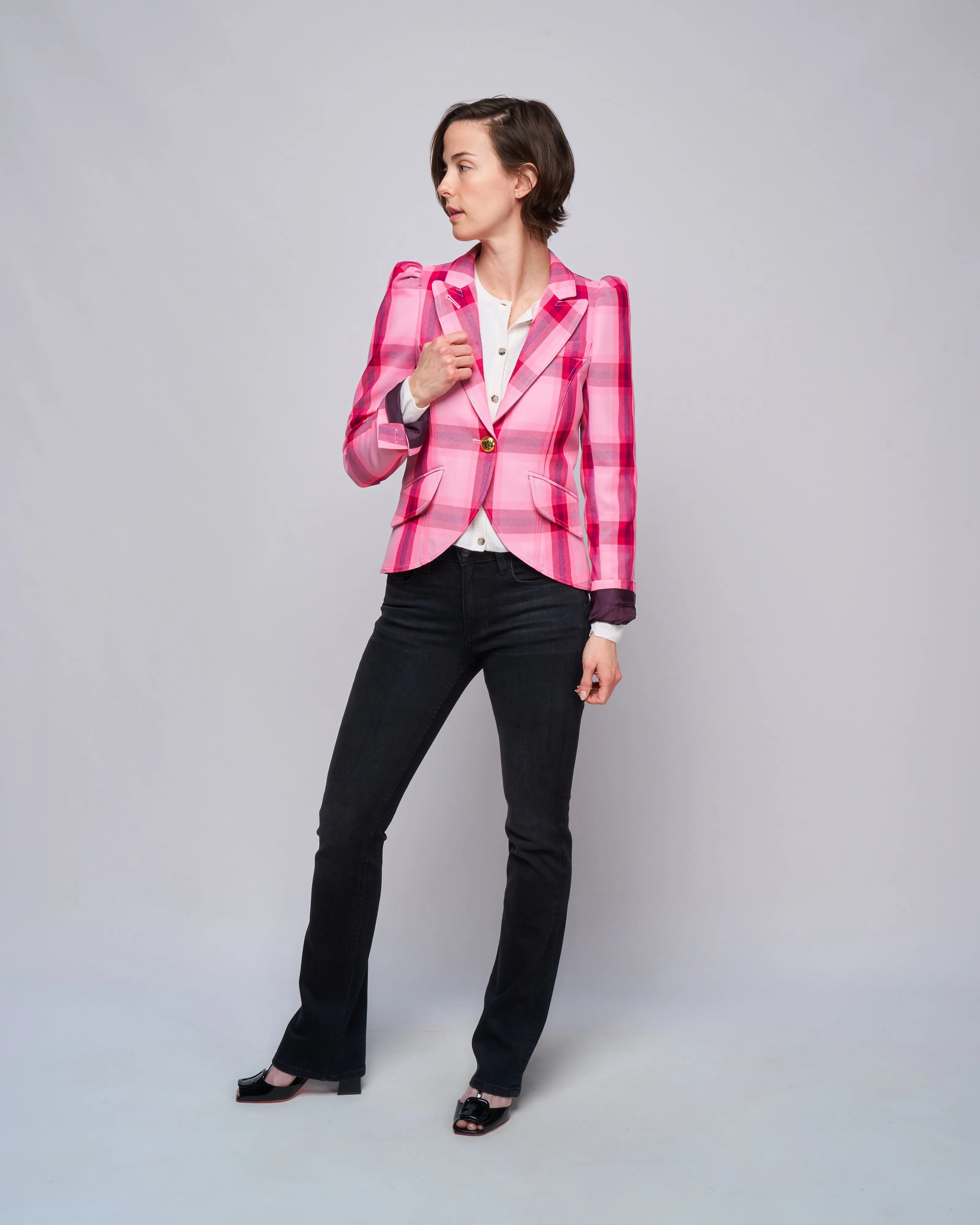 pouf sleeve one button blazer - flamingo plaid