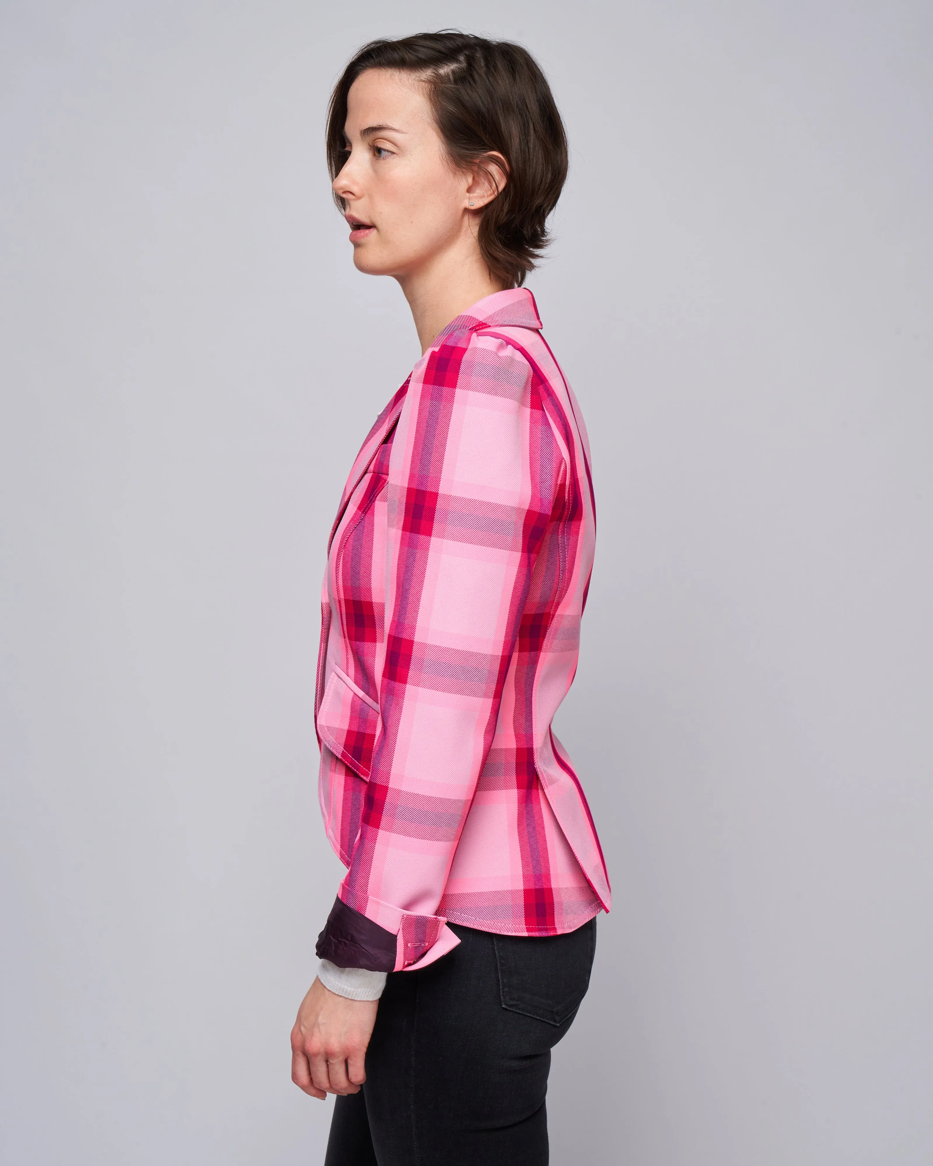 pouf sleeve one button blazer - flamingo plaid