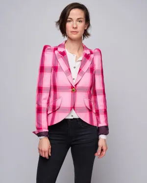 pouf sleeve one button blazer - flamingo plaid