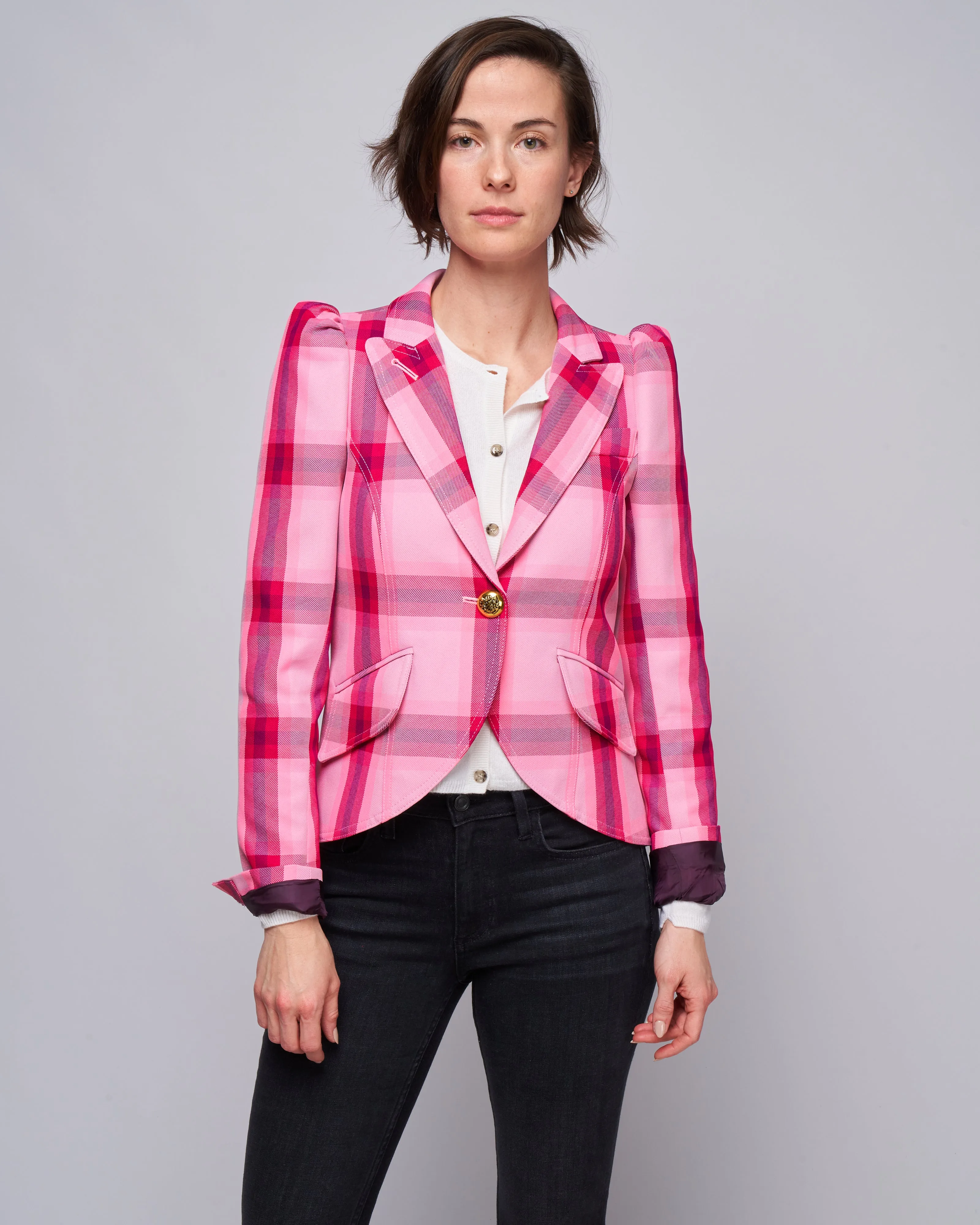pouf sleeve one button blazer - flamingo plaid