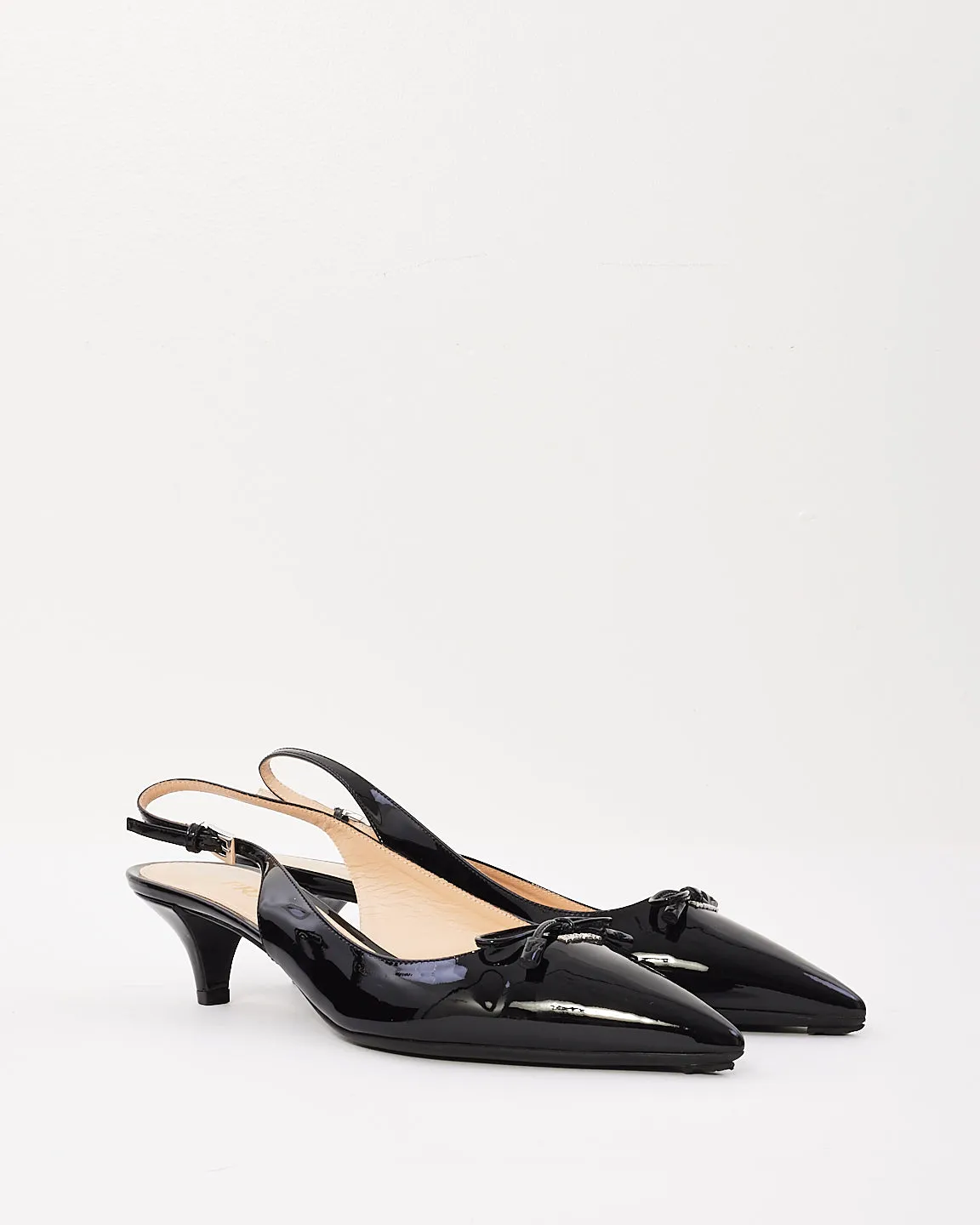 Prada Black Patent Leather with Bow Sling Back Heels - 39