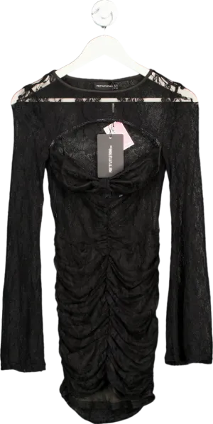 PrettyLittleThing Black Sheer Lace Underwired Ruched Bodycon Dress UK 6