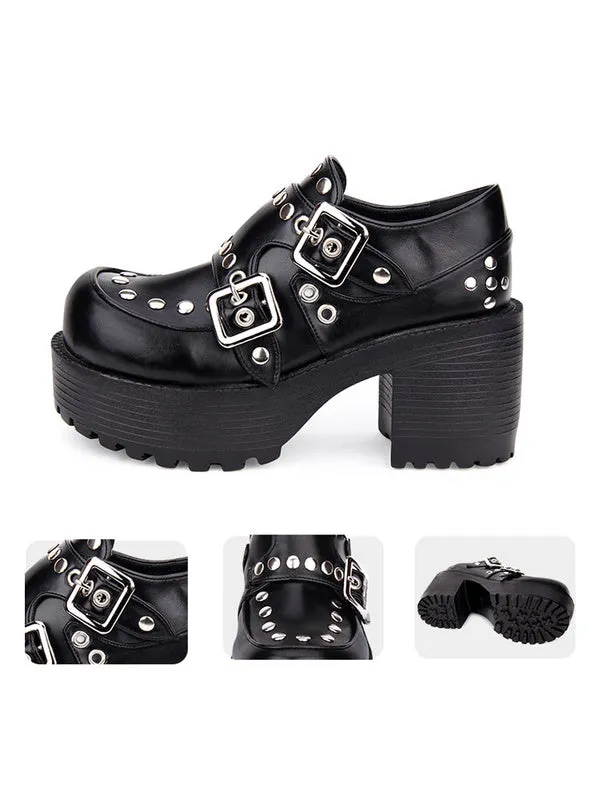 Punk Lolita Footwear Rivet Buckle Chunky Heel Platform Black Lolita Shoes