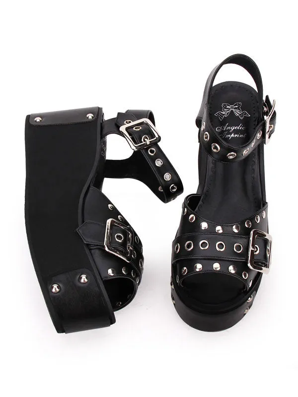 Punk Lolita Sandals Metallic Rivet Grommet Platform Wedge Heel Black Lolita Shoes