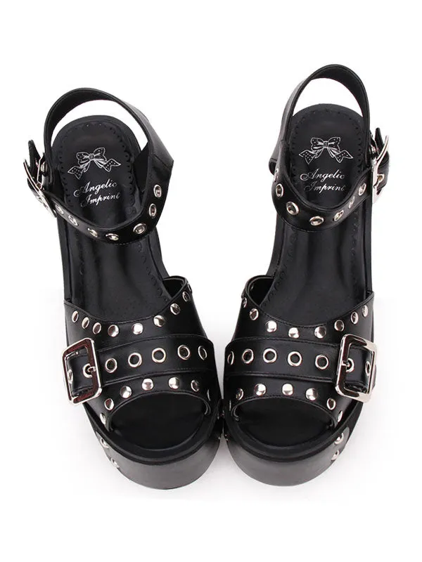 Punk Lolita Sandals Metallic Rivet Grommet Platform Wedge Heel Black Lolita Shoes