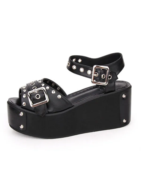 Punk Lolita Sandals Metallic Rivet Grommet Platform Wedge Heel Black Lolita Shoes