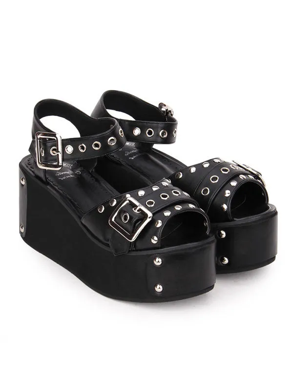 Punk Lolita Sandals Metallic Rivet Grommet Platform Wedge Heel Black Lolita Shoes