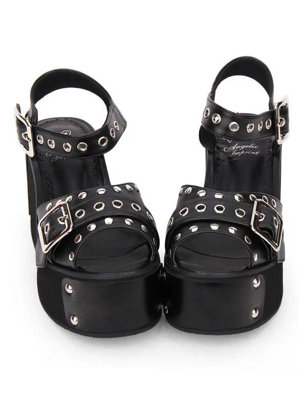 Punk Lolita Sandals Metallic Rivet Grommet Platform Wedge Heel Black Lolita Shoes