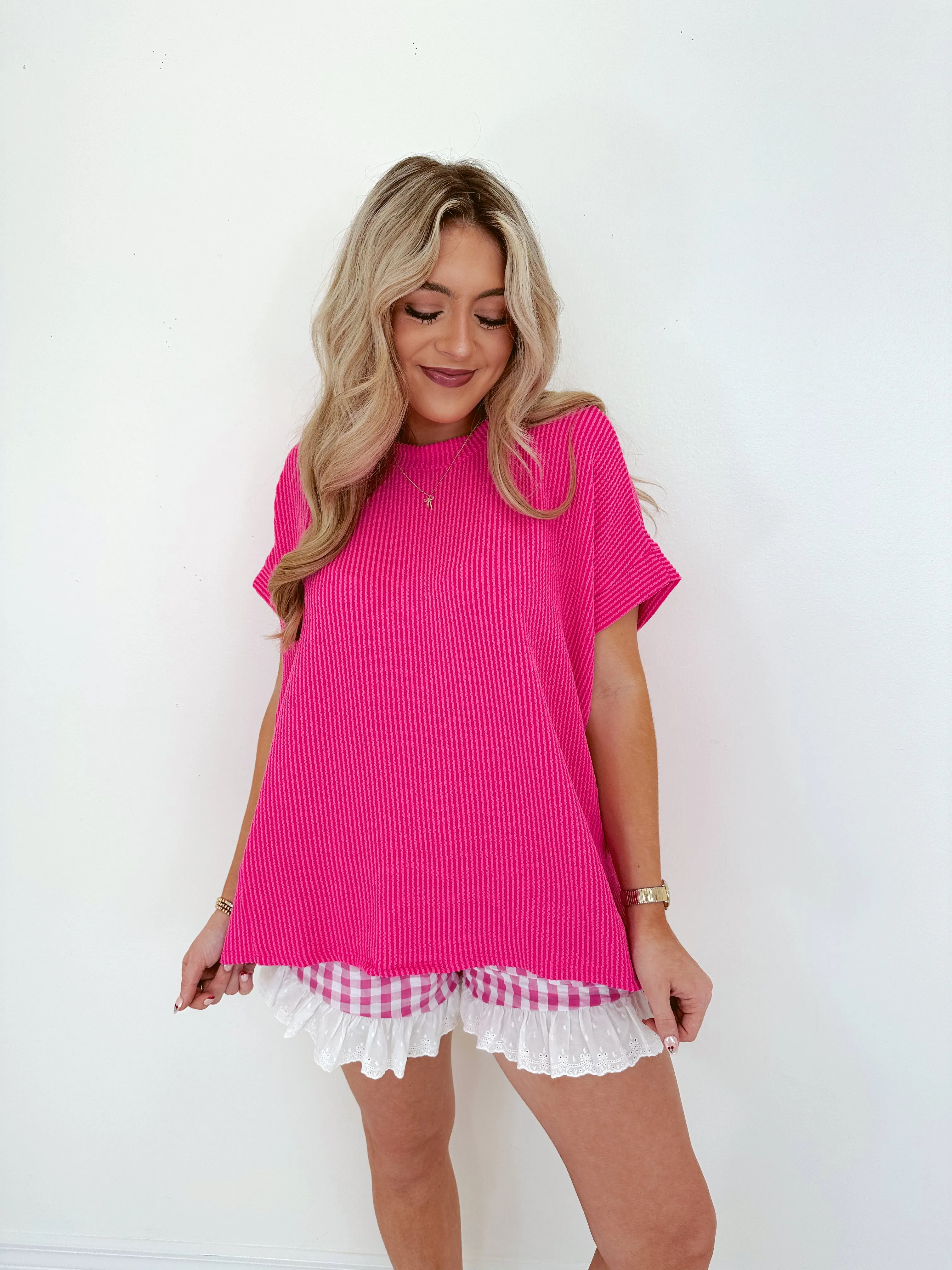 Raven Ribbed Oversized Top - Hot Pink