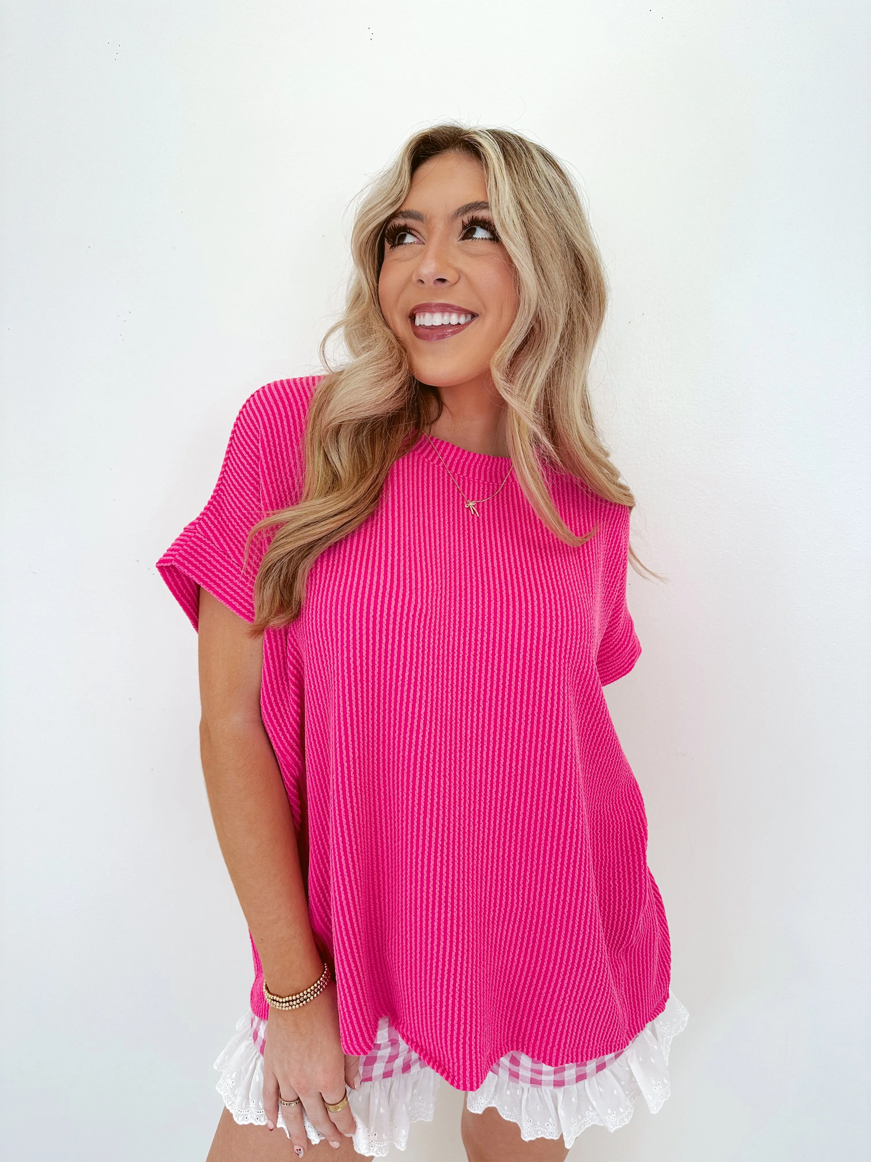 Raven Ribbed Oversized Top - Hot Pink