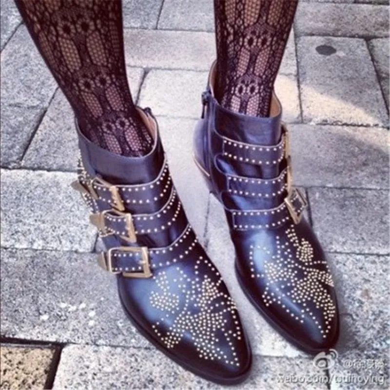 Real Leather Ankle Boots Women Rivets Flower Martin Boots Women Luxury Velvet Boots Zapatos Mujer Big Size 46