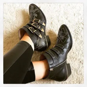 Real Leather Ankle Boots Women Rivets Flower Martin Boots Women Luxury Velvet Boots Zapatos Mujer Big Size 46