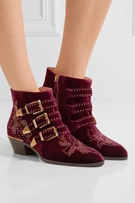 Real Leather Ankle Boots Women Rivets Flower Martin Boots Women Luxury Velvet Boots Zapatos Mujer Big Size 46