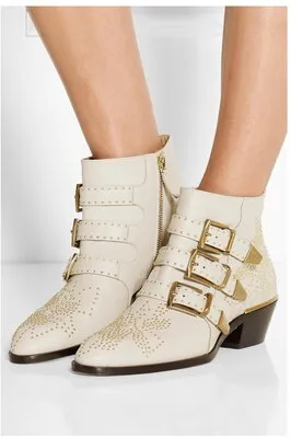 Real Leather Ankle Boots Women Rivets Flower Martin Boots Women Luxury Velvet Boots Zapatos Mujer Big Size 46