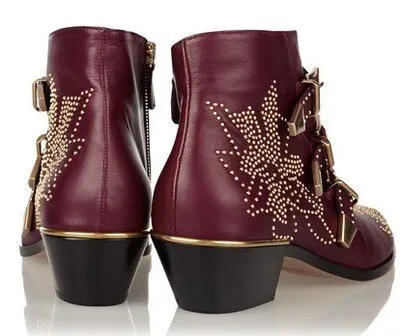 Real Leather Ankle Boots Women Rivets Flower Martin Boots Women Luxury Velvet Boots Zapatos Mujer Big Size 46
