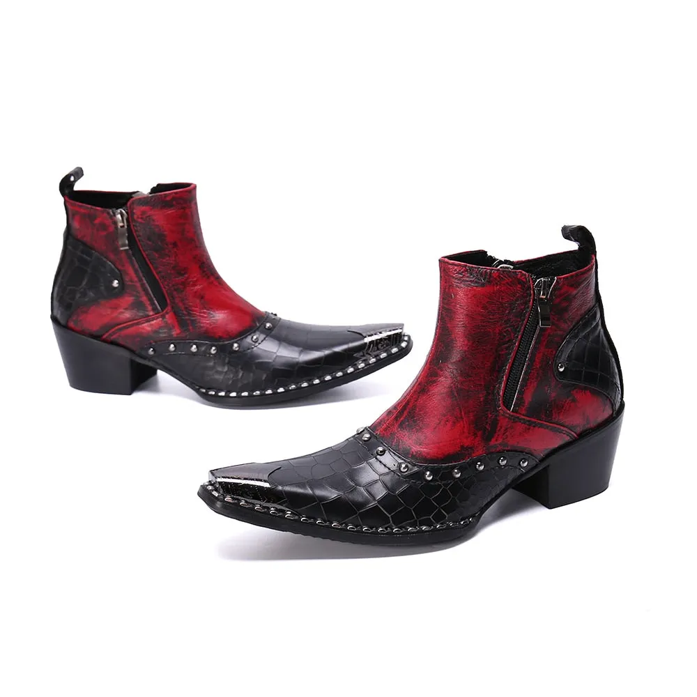 Real Leather Men Cowboy Ankle Boots Rivets Motorcycle Short Boots Big Size Increase Height Party Dress Boots Male