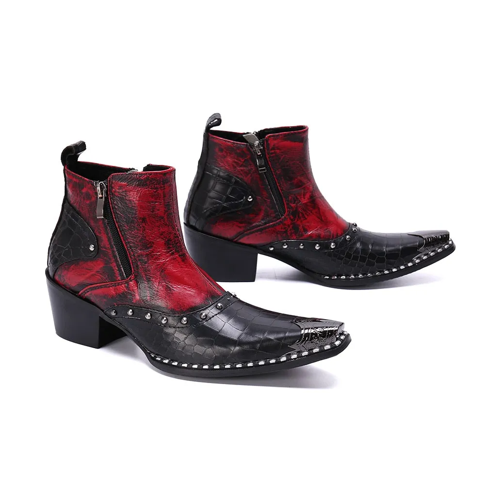 Real Leather Men Cowboy Ankle Boots Rivets Motorcycle Short Boots Big Size Increase Height Party Dress Boots Male