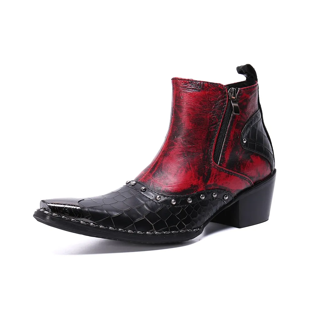 Real Leather Men Cowboy Ankle Boots Rivets Motorcycle Short Boots Big Size Increase Height Party Dress Boots Male