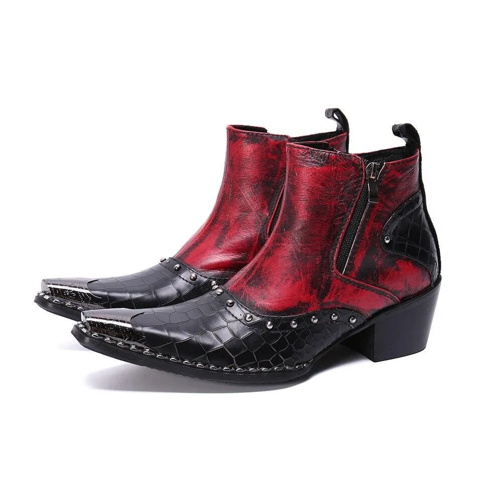 Real Leather Men Cowboy Ankle Boots Rivets Motorcycle Short Boots Big Size Increase Height Party Dress Boots Male
