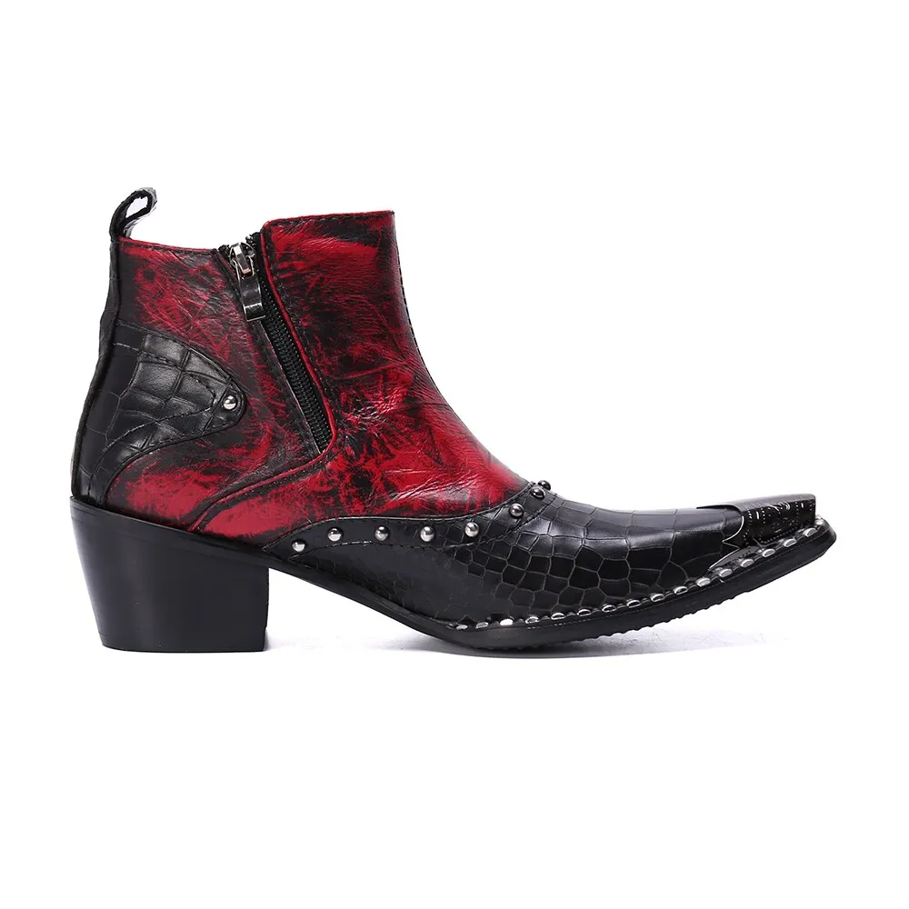 Real Leather Men Cowboy Ankle Boots Rivets Motorcycle Short Boots Big Size Increase Height Party Dress Boots Male