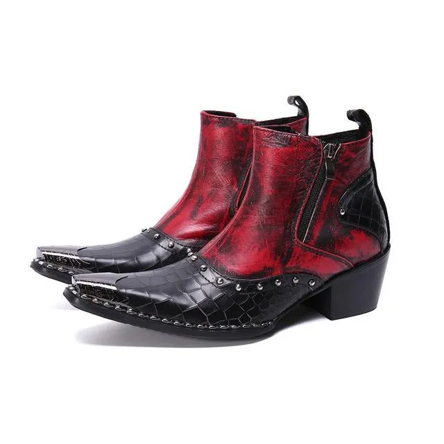 Real Leather Men Cowboy Ankle Boots Rivets Motorcycle Short Boots Big Size Increase Height Party Dress Boots Male