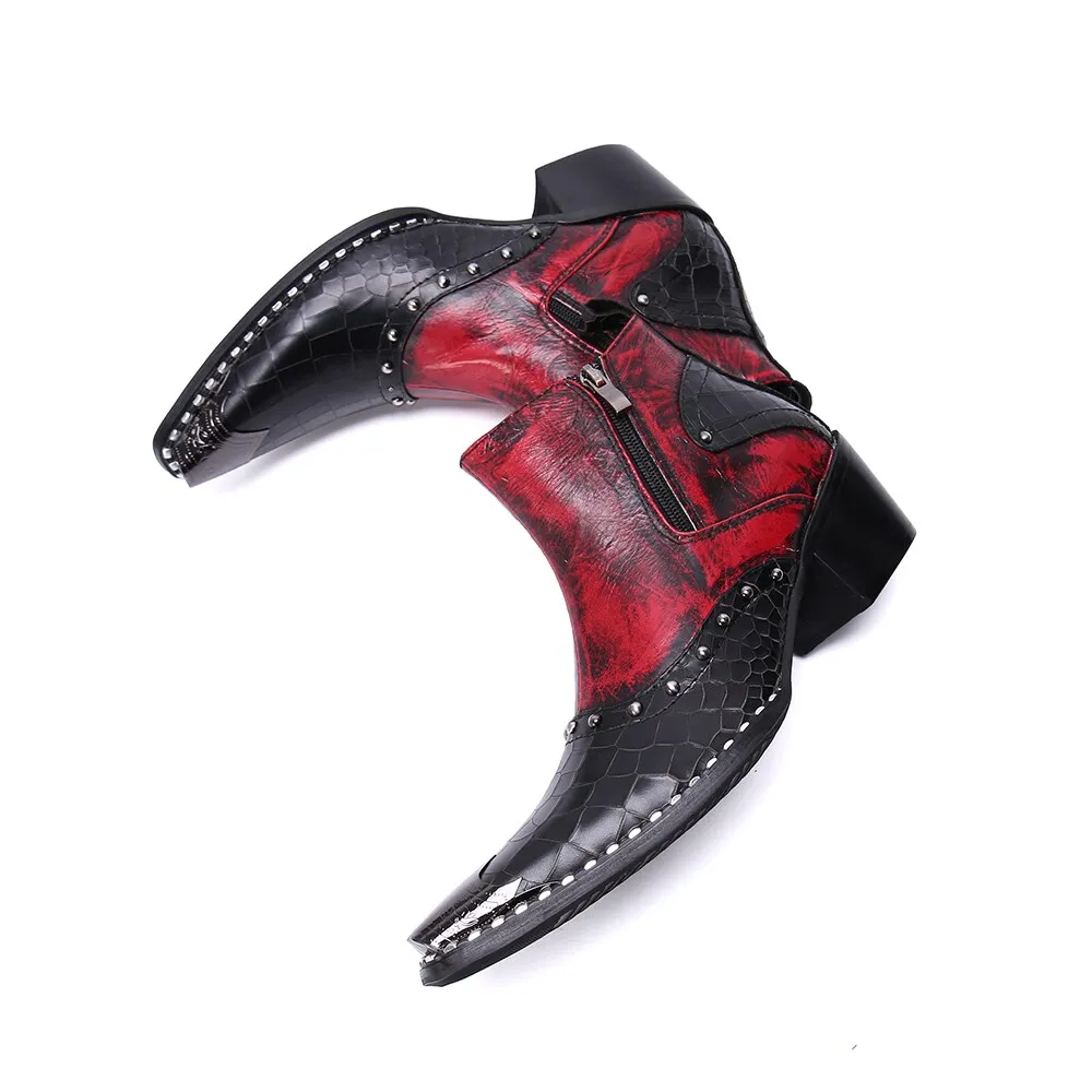 Real Leather Men Cowboy Ankle Boots Rivets Motorcycle Short Boots Big Size Increase Height Party Dress Boots Male