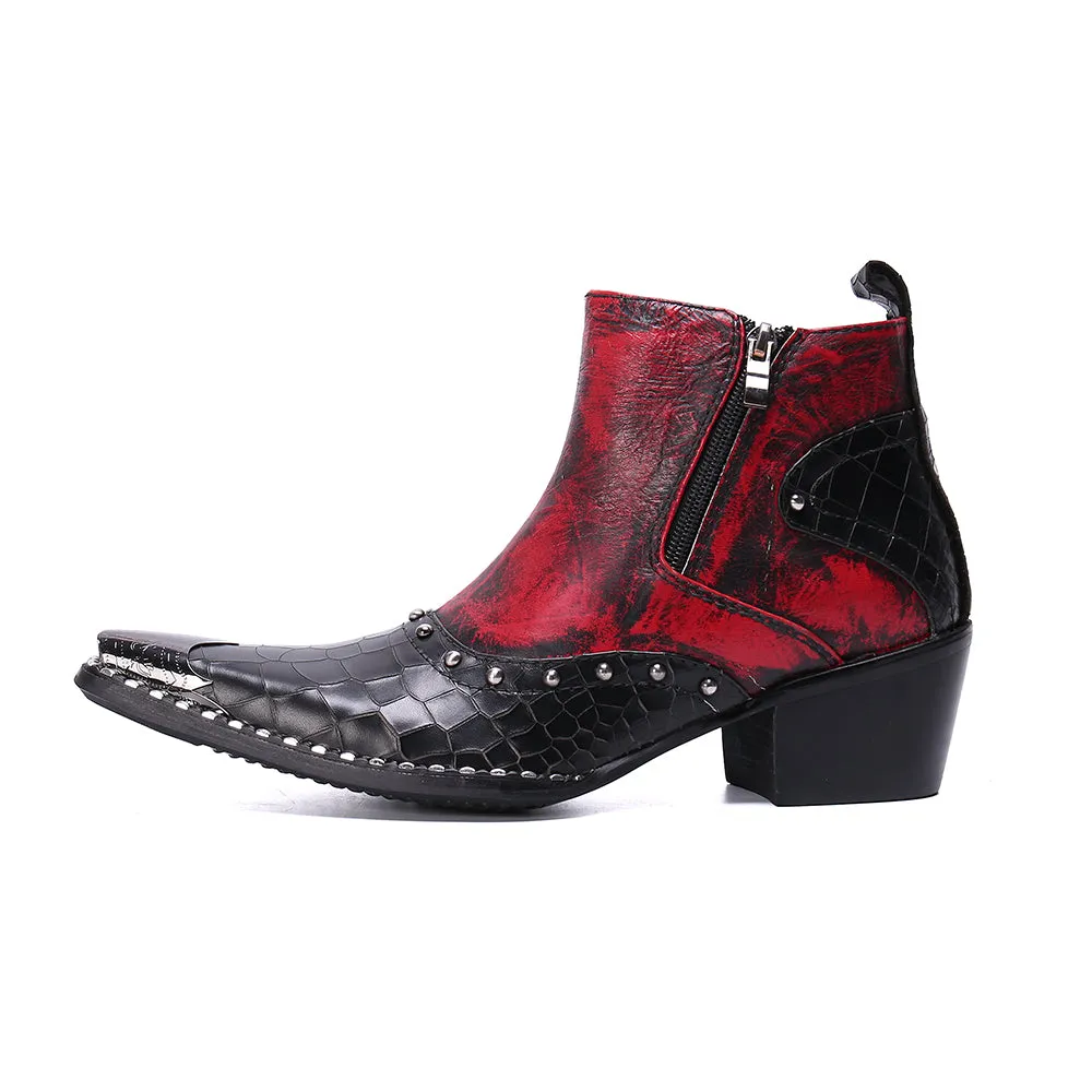 Real Leather Men Cowboy Ankle Boots Rivets Motorcycle Short Boots Big Size Increase Height Party Dress Boots Male