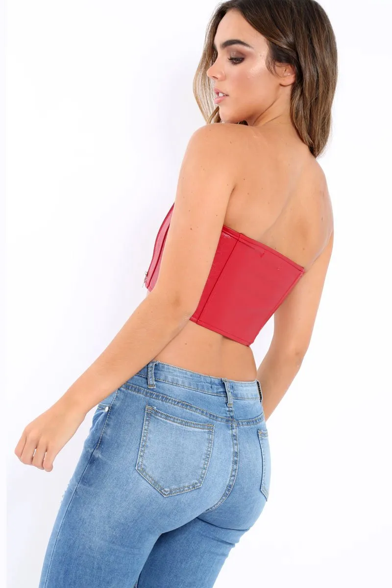 Red Faux Leather Zipper Detail Boob Tube - Tammie