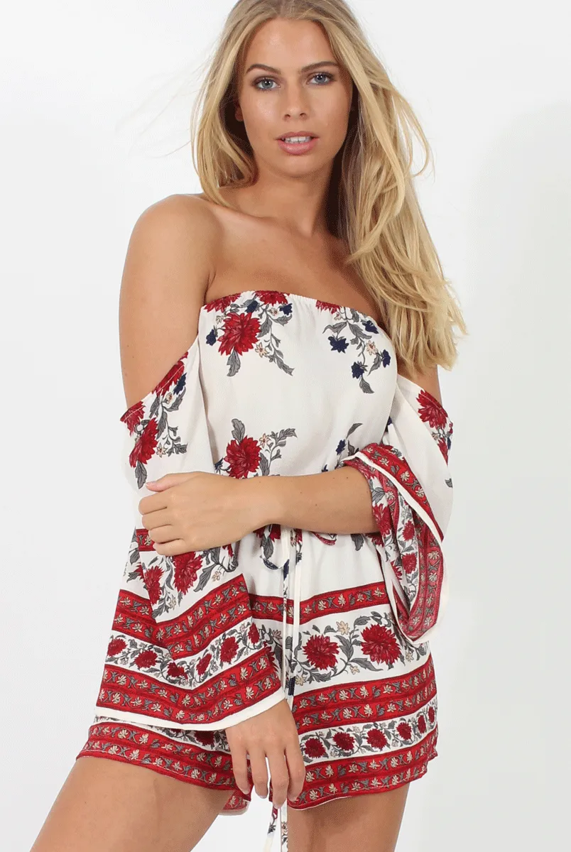 Red Floral Print Bardot Playsuit - Joanna