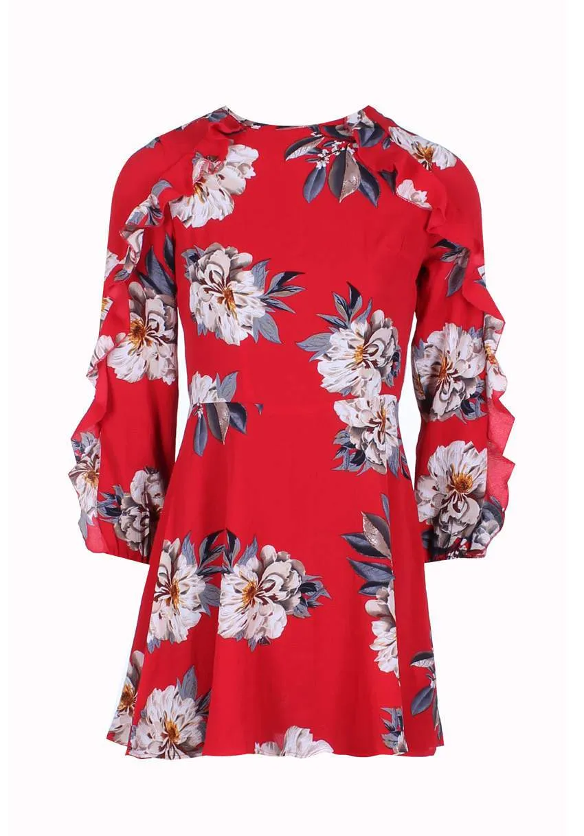 Red Floral Skater Dress With Frill Detail