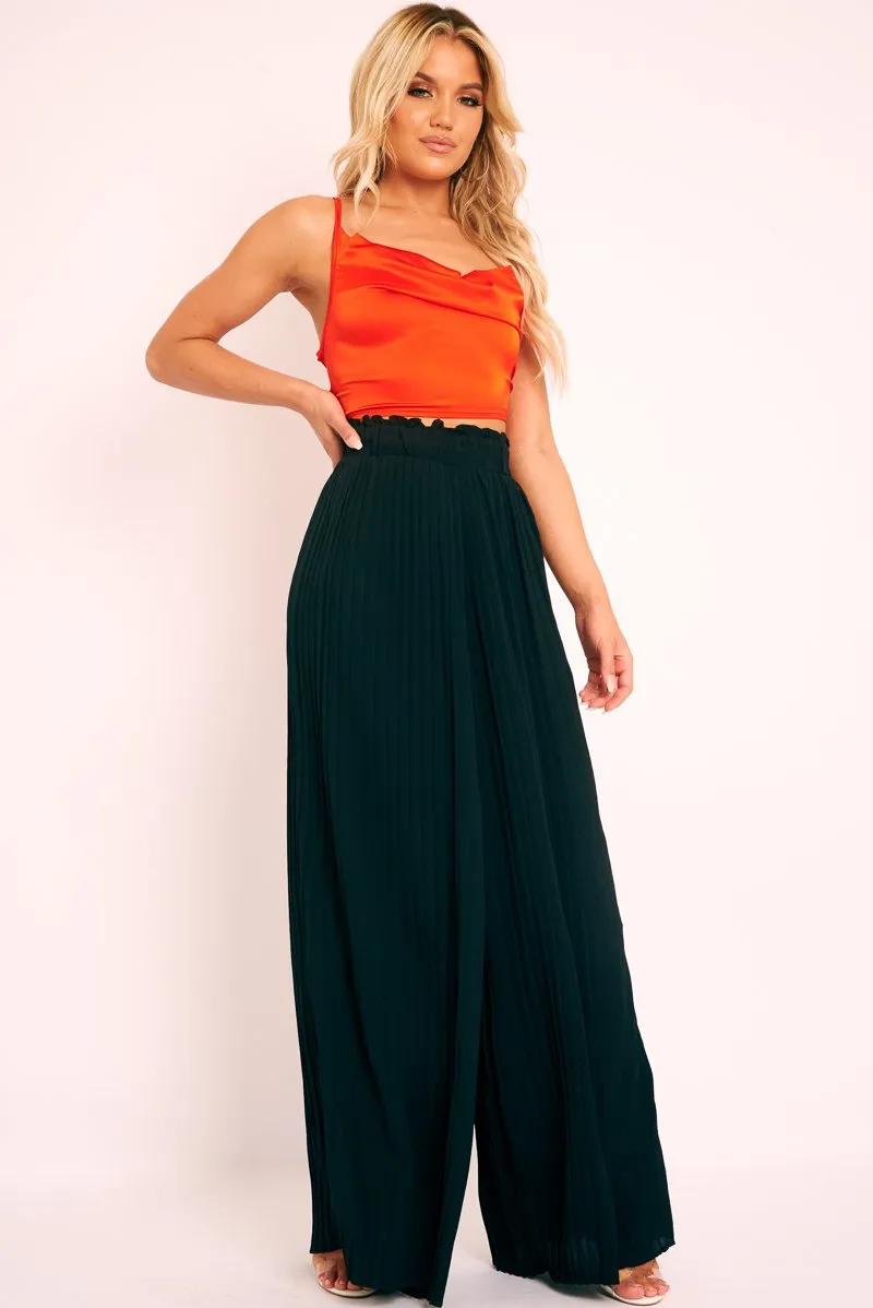 Red Satin Cowl Neck Lace Up Back Crop Top - Kamsi