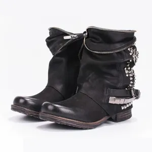Retro Full Rivets Studded Ankle Boots for Women Autumn Winter Riding Boots Genuine Leather Rubber Flat Ladies Shoes