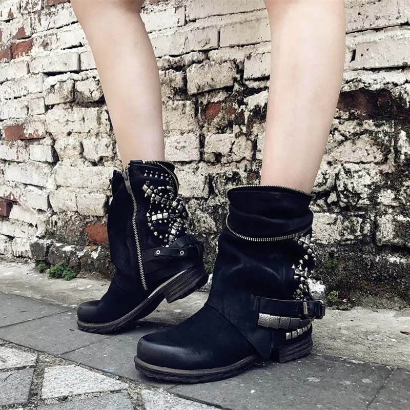 Retro Full Rivets Studded Ankle Boots for Women Autumn Winter Riding Boots Genuine Leather Rubber Flat Ladies Shoes