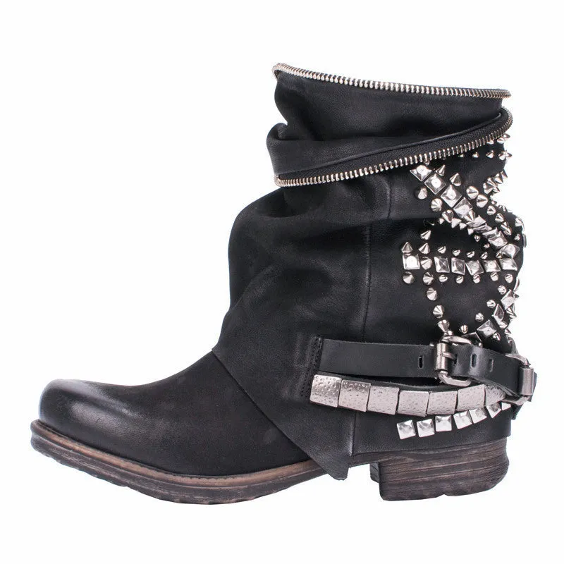 Retro Full Rivets Studded Ankle Boots for Women Autumn Winter Riding Boots Genuine Leather Rubber Flat Ladies Shoes