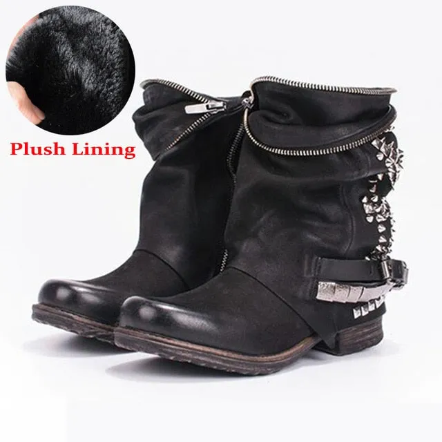Retro Full Rivets Studded Ankle Boots for Women Autumn Winter Riding Boots Genuine Leather Rubber Flat Ladies Shoes