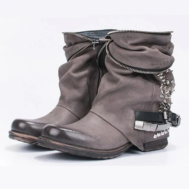 Retro Full Rivets Studded Ankle Boots for Women Autumn Winter Riding Boots Genuine Leather Rubber Flat Ladies Shoes
