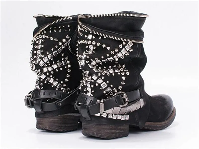 Retro Full Rivets Studded Ankle Boots for Women Autumn Winter Riding Boots Genuine Leather Rubber Flat Ladies Shoes