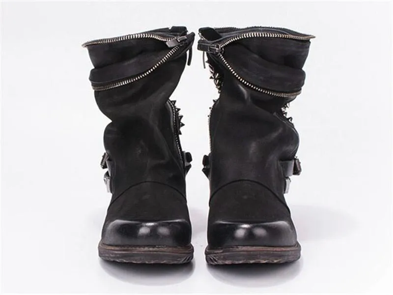 Retro Full Rivets Studded Ankle Boots for Women Autumn Winter Riding Boots Genuine Leather Rubber Flat Ladies Shoes
