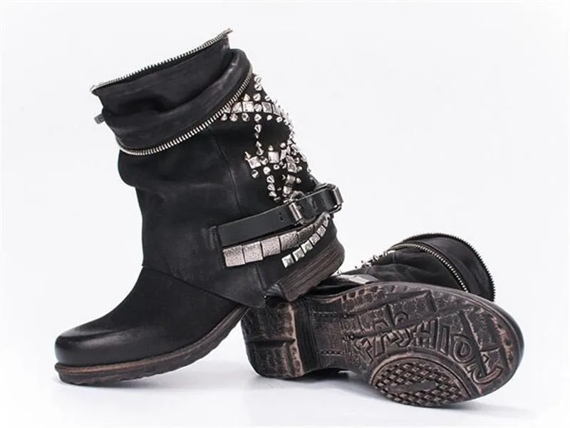 Retro Full Rivets Studded Ankle Boots for Women Autumn Winter Riding Boots Genuine Leather Rubber Flat Ladies Shoes