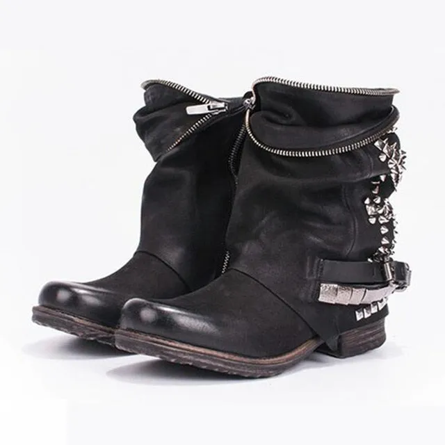 Retro Full Rivets Studded Ankle Boots for Women Autumn Winter Riding Boots Genuine Leather Rubber Flat Ladies Shoes
