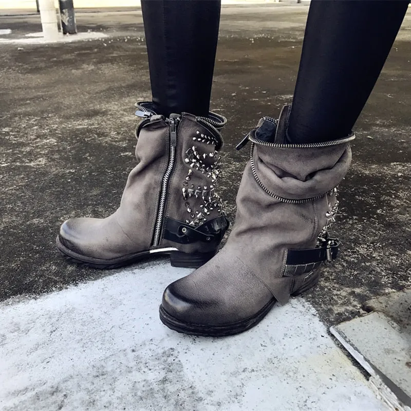 Retro Full Rivets Studded Ankle Boots for Women Autumn Winter Riding Boots Genuine Leather Rubber Flat Ladies Shoes