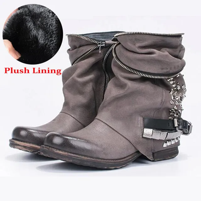 Retro Full Rivets Studded Ankle Boots for Women Autumn Winter Riding Boots Genuine Leather Rubber Flat Ladies Shoes