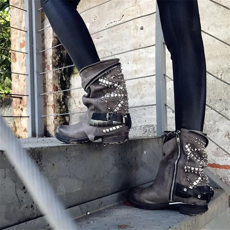 Retro Full Rivets Studded Ankle Boots for Women Autumn Winter Riding Boots Genuine Leather Rubber Flat Ladies Shoes