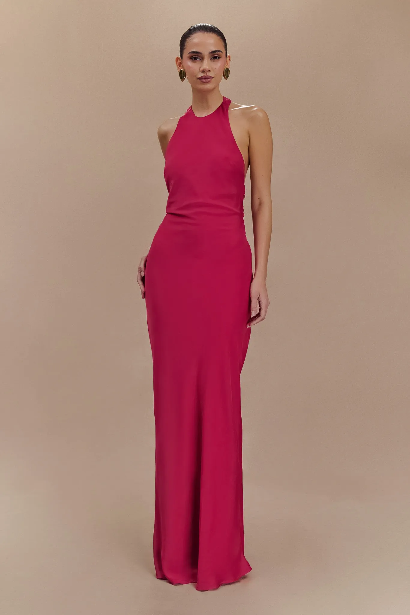 Rinna Satin Halter Maxi Dress - Pink Cherry