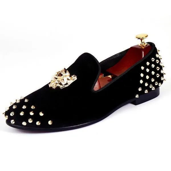 Rivets Black Men Velvet Loafers Shoes with Animal Buckle