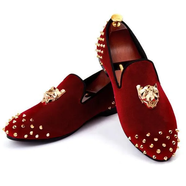 Rivets Black Men Velvet Loafers Shoes with Animal Buckle